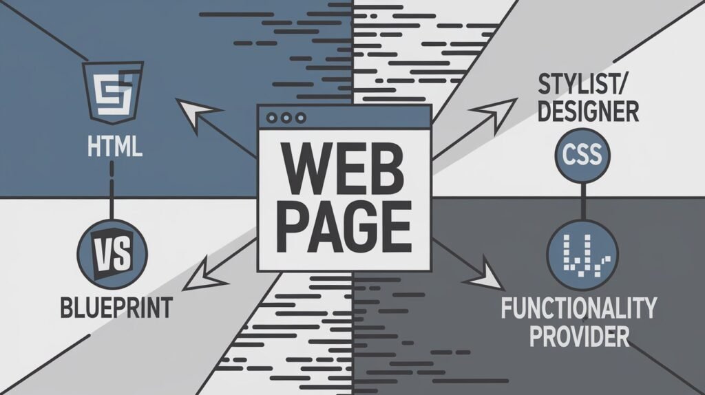 A flowchart showcasing the roles of HTML, CSS, and JavaScript.