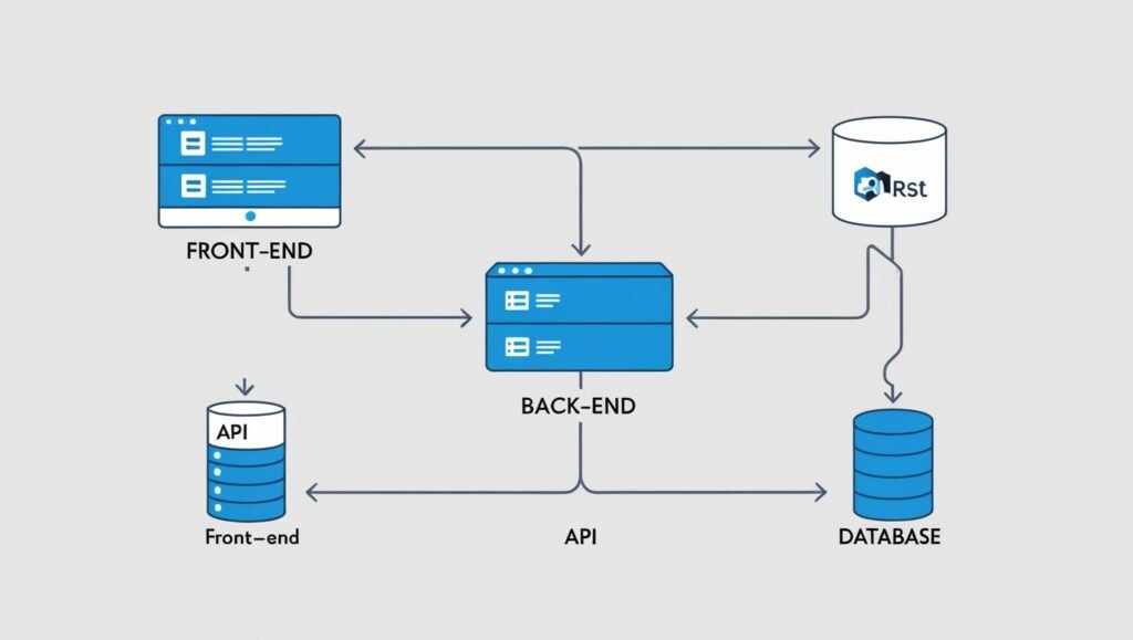 Flowchart of front-end, back-end, API, and database interaction.