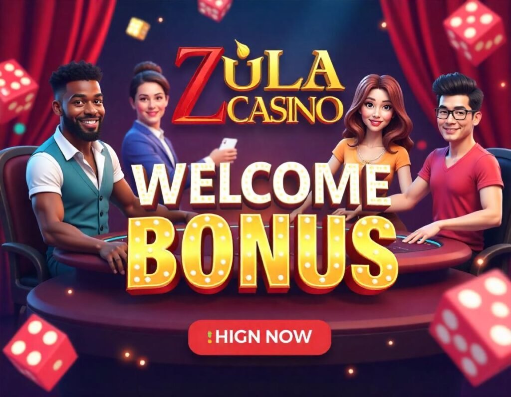 A banner showcasing Zula Casino’s welcome bonus and free spins offer.